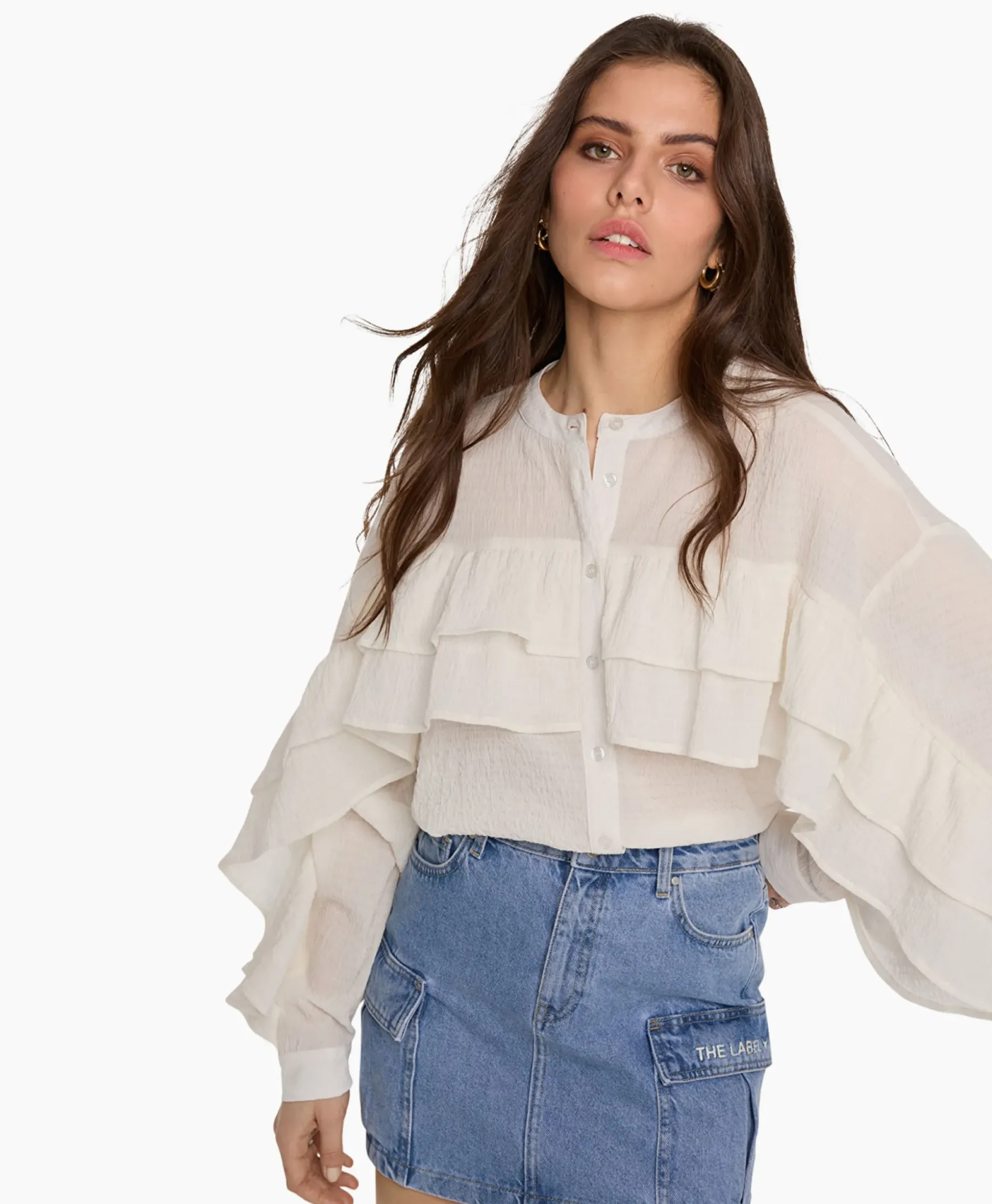 Alix The Label Blouse Woven Structured Chiffon Ruffle Ecru