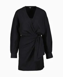 Alix The Label Jurk Ladies Woven Linen Look Wrap Dress Zwart