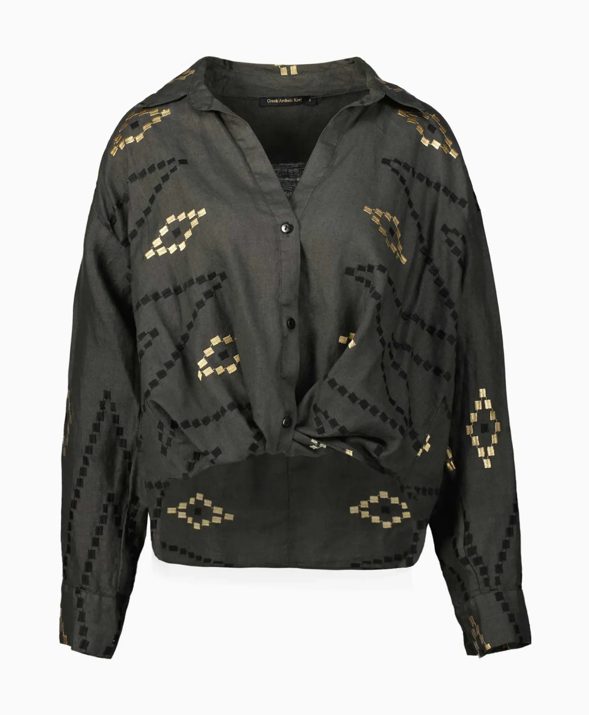 Greek Archaic Kori Blouse Wrap Zig Zag Khaki