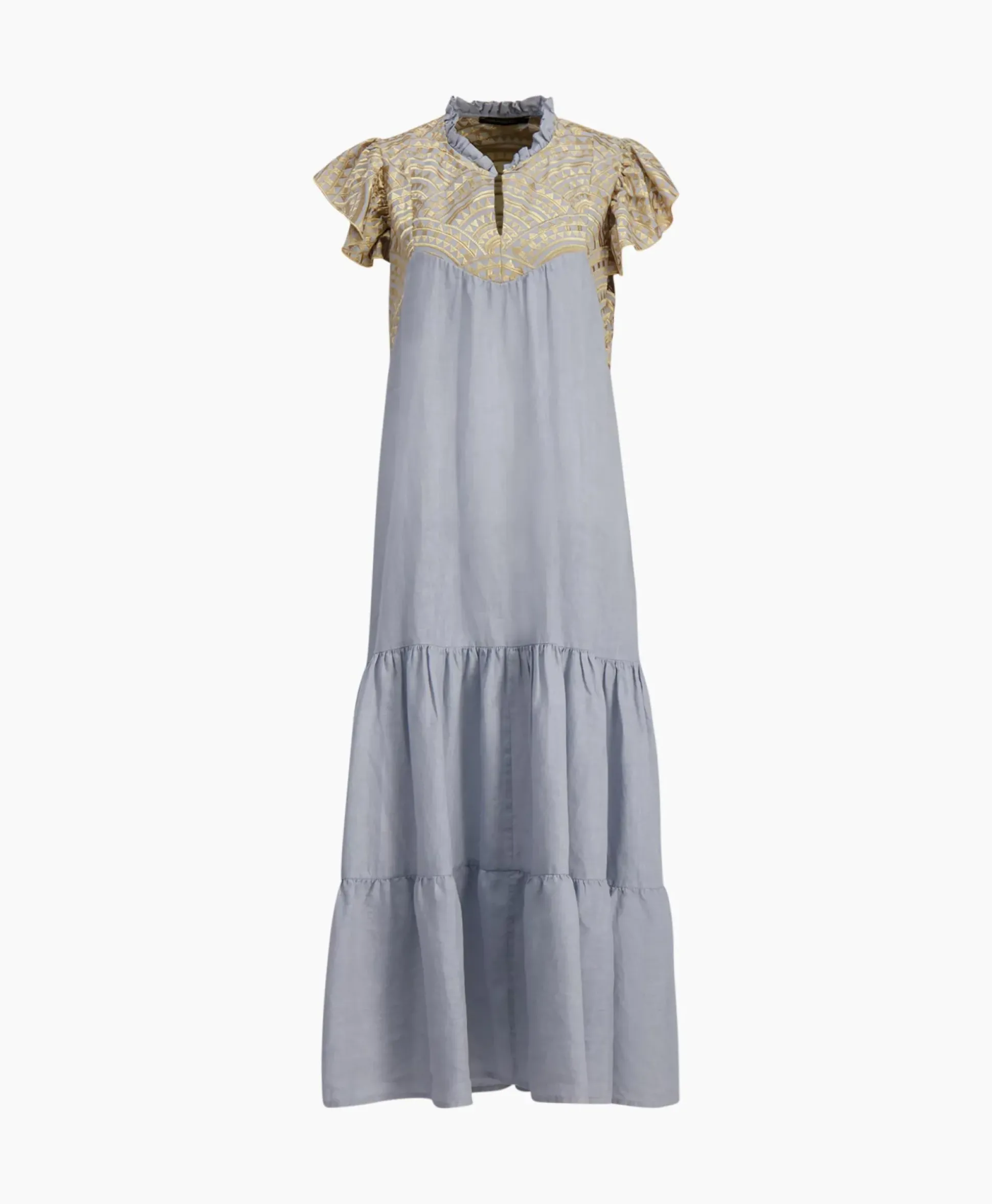 Greek Archaic Kori Maxi Jurk Long New All Over Sleeveless Ruffles Licht Grijs