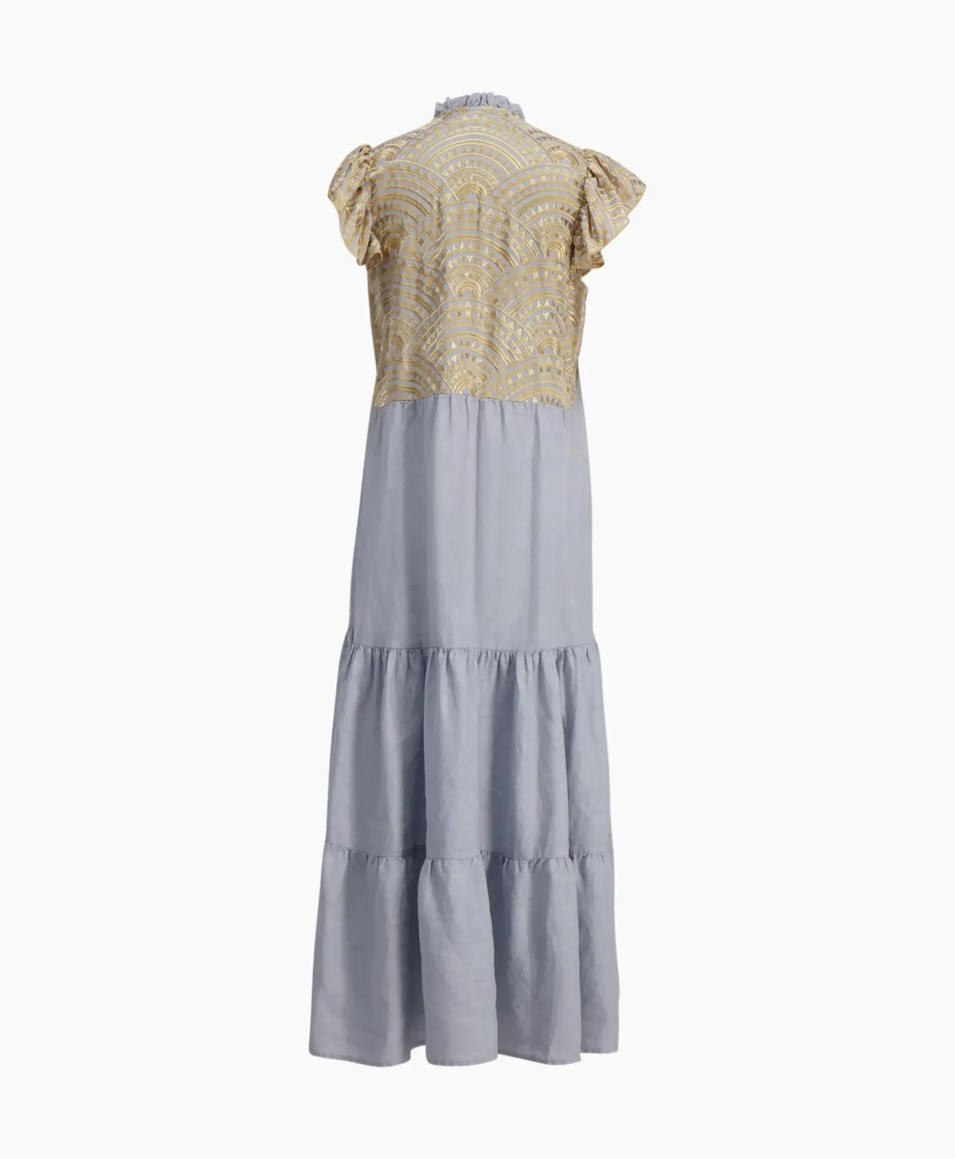 Greek Archaic Kori Maxi Jurk Long New All Over Sleeveless Ruffles Licht Grijs
