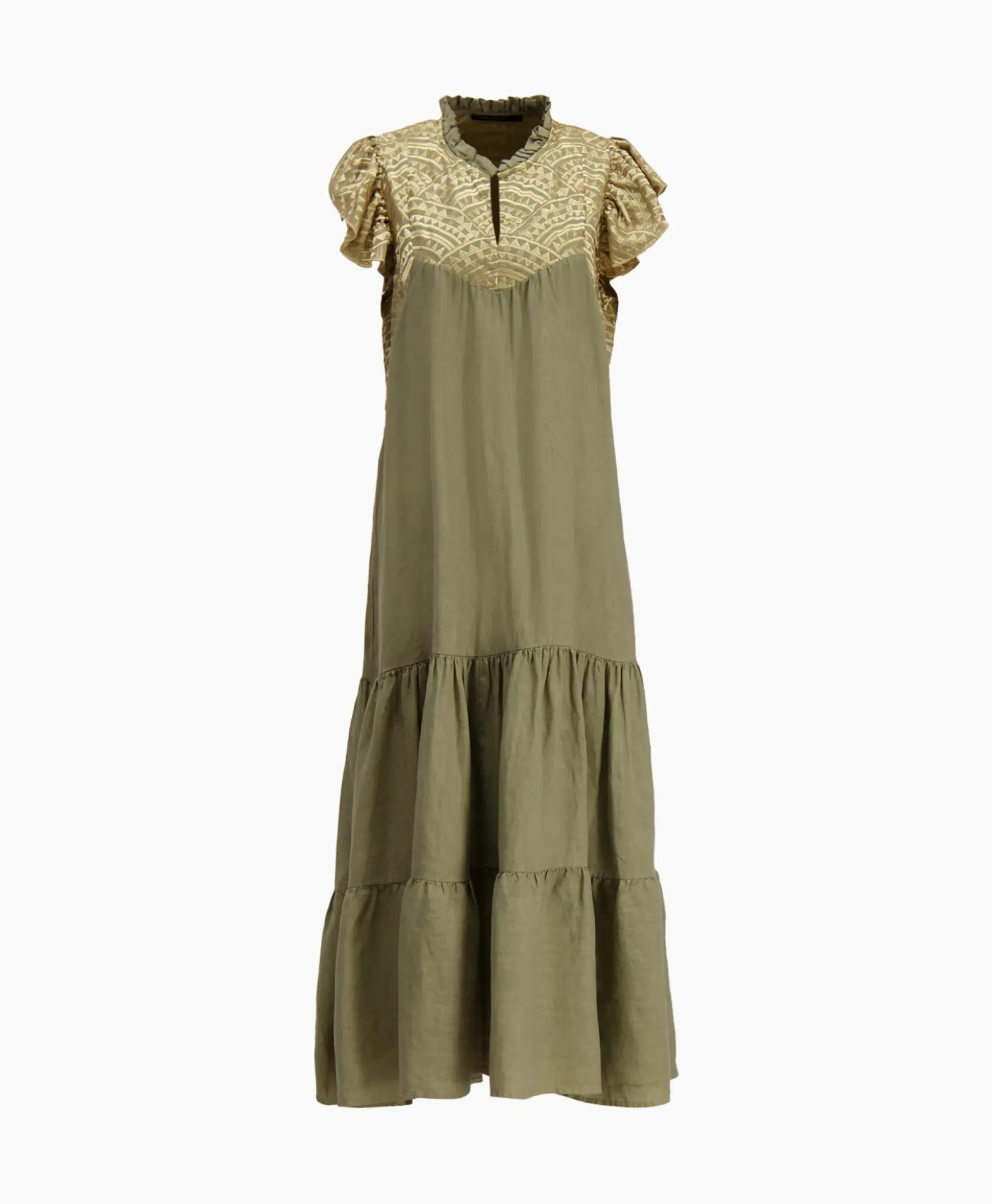 Greek Archaic Kori Maxi Jurk Long New All Over Sleeveless Ruffles Goud