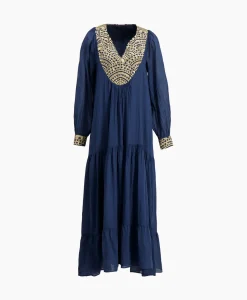 Greek Archaic Kori Maxi Jurk Long New All Over Cotton Donker Blauw