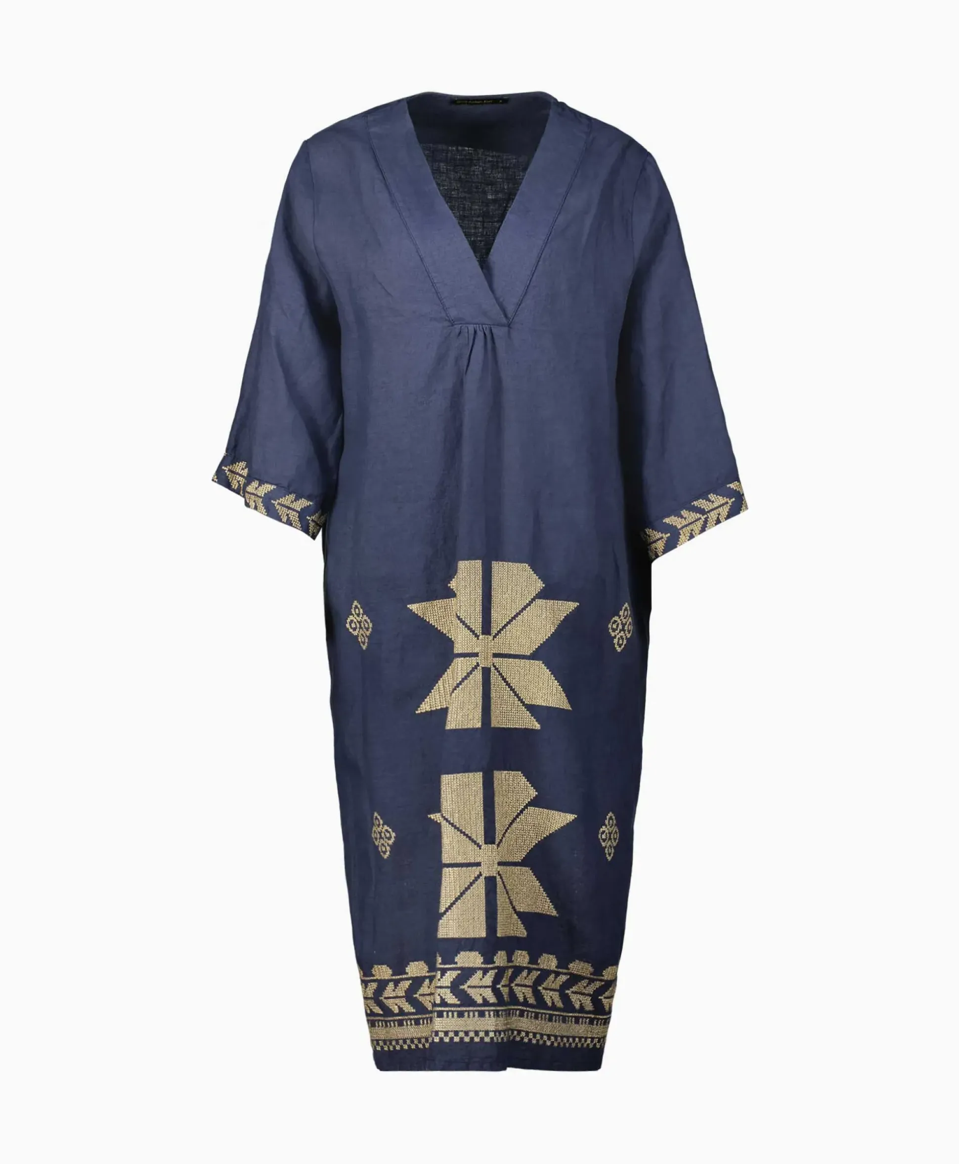 Greek Archaic Kori Midi Jurk Aeolis V-Neck Donker Blauw